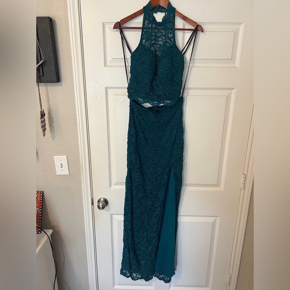 Teal Lace 2-Piece Halter Dress